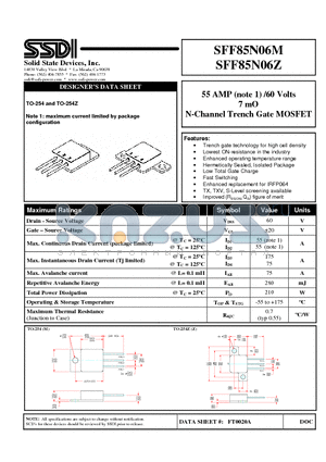 SFF85N06M datasheet - 55 AMP (note 1) /60 Volts 7 mO N-Channel Trench Gate MOSFET