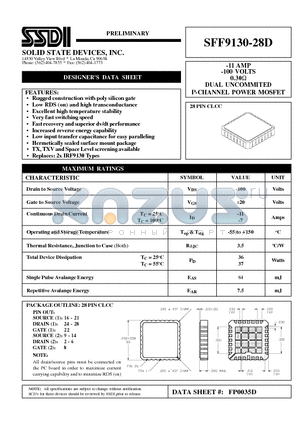 SFF9130-28D datasheet - -11 AMP -100 VOLTS 0.30 ohm DUAL UNCOMMITED P-Channel Power MOSFET