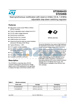 ST2S06A33PQR datasheet - Dual synchronous rectification with reset or inhibit, 0.5 A, 1.5 MHz adjustable step-down switching regulator