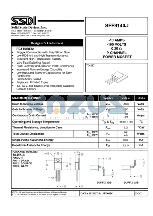 SFF9140J datasheet - -18 AMP -100 VOLTS 0.20 ohm P-Channel Power MOSFET
