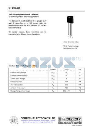 ST2SA933 datasheet - PNP Silicon Epitaxial Planar Transistor