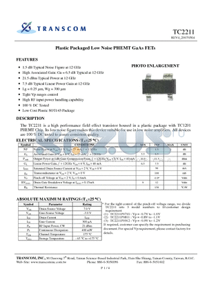 TC2211 datasheet - Plastic Packaged Low Noise PHEMT GaAs FETs