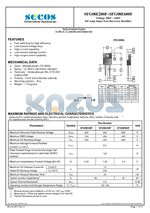 SFG10S200F datasheet - Voltage 200V ~ 600V 8.0 Amp Super Fast Recovery Rectifier