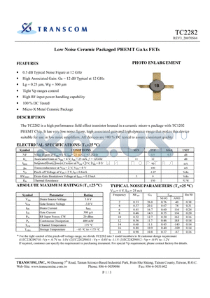 TC2282 datasheet - Low Noise Ceramic Packaged PHEMT GaAs FETs