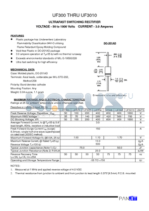 UF301 datasheet - ULTRAFAST SWITCHING RECTIFIER(VOLTAGE - 50 to 1000 Volts CURRENT - 3.0 Amperes)