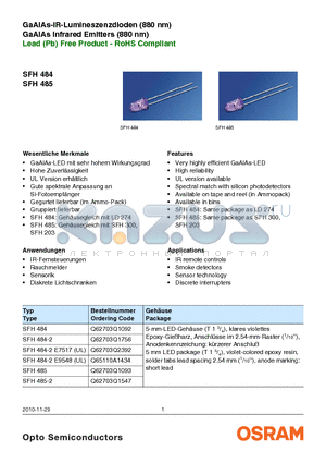 SFH484 datasheet - GaAlAs-IR-Lumineszenzdioden (880 nm)