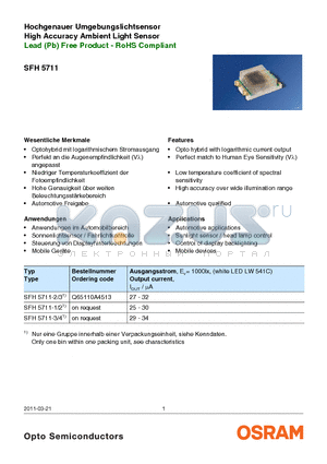 SFH5711-1/21 datasheet - Hochgenauer Umgebungslichtsensor High Accuracy Ambient Light Sensor