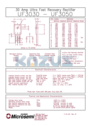 UF3030 datasheet - 30 AMP ULTRA FAST RECOVERY RECTIFIER