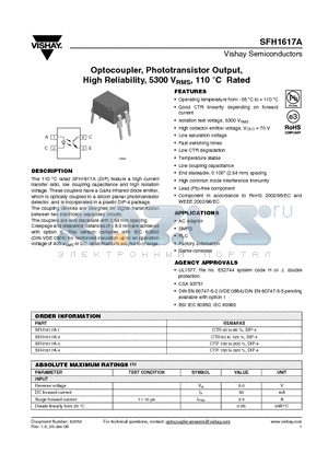 SFH1617A datasheet - Optocoupler, Phototransistor Output, High Reliability, 5300 VRMS, 110 `C Rated