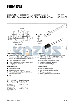 SFH203FA datasheet - Silizium-PIN-Fotodiode mit sehr kurzer Schaltzeit Silicon PIN Photodiode with Very Short Switching Time