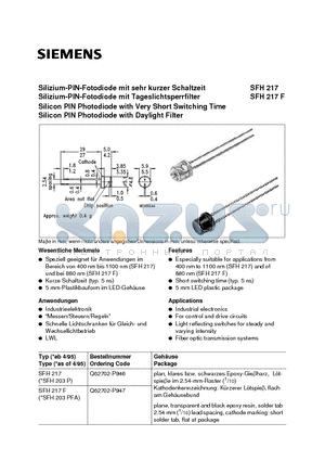 SFH203P datasheet - Silizium-PIN-Fotodiode mit sehr kurzer Schaltzeit Silizium-PIN-Fotodiode mit Tageslichtsperrfilter