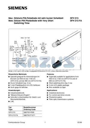 SFH213FA datasheet - Neu: Silizium-PIN-Fotodiode mit sehr kurzer Schaltzeit New: Silicon PIN Photodiode with Very Short Switching Time