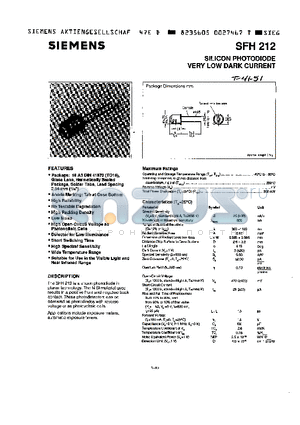 SFH212 datasheet - SILICON PHOTODIODE VERY LOW DARK CURRENT