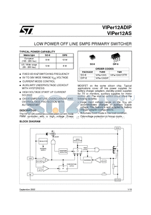 VIPER12A datasheet - LOW POWER OFF LINE SMPS PRIMARY SWITCHER