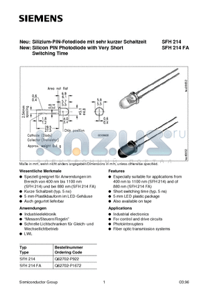 SFH214 datasheet - Neu: Silizium-PIN-Fotodiode mit sehr kurzer Schaltzeit New: Silicon PIN Photodiode with Very Short Switching Time