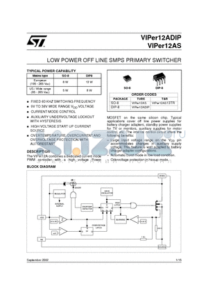 VIPER12 datasheet - LOW POWER OFF LINE SMPS PRIMARY SWITCHER