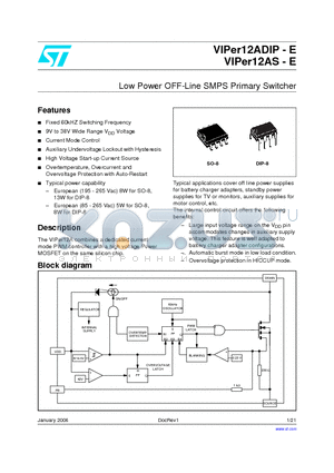 VIPER12ADIP-E datasheet - Low Power OFF-Line SMPS Primary Switcher