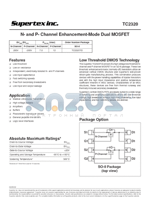 TC2320TG datasheet - N- and P- Channel Enhancement-Mode Dual MOSFET