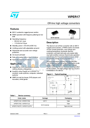 VIPER17HD datasheet - Off-line high voltage converters