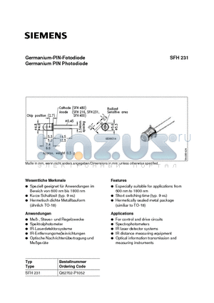 SFH231 datasheet - Germanium-PIN-Fotodiode