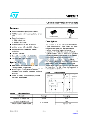 VIPER17LDTR datasheet - Off-line high voltage converters