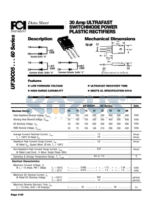 UF30C40 datasheet - 30 Amp ULTRAFAST SWITCHMODE POWER PLASTIC RECTIFIERS