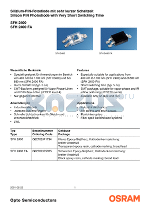 SFH2400FA datasheet - Silicon PIN Photodiode with Very Short Switching Time