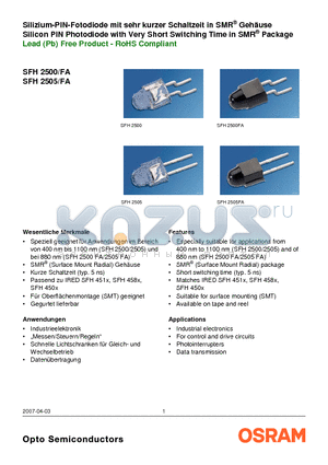 SFH2505FA datasheet - Silicon PIN Photodiode with Very Short Switching Time in SMR^ Package