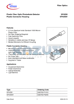 SFH250 datasheet - Plastic Fiber Optic Photodiode Detector Plastic Connector Housing