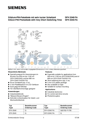 SFH2540FA datasheet - Silizium-PIN-Fotodiode mit sehr kurzer Schaltzeit Silicon PIN Photodiode with Very Short Switching Time