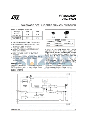 VIPER22ADIP datasheet - LOW POWER OFF LINE SMPS PRIMARY SWITCHER