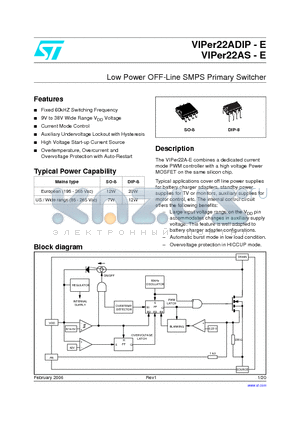 VIPER22ADIP-E datasheet - Low Power OFF-Line SMPS Primary Switcher