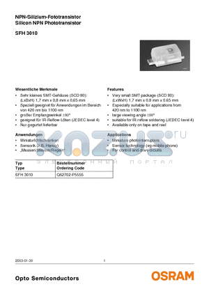 SFH3010 datasheet - NPN-Silizium-Fototransistor