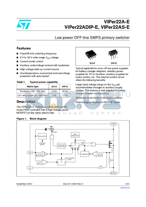 VIPER22ASTR-E datasheet - Low power OFF-line SMPS primary switcher