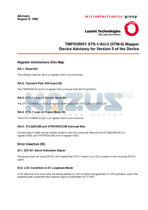 TMPR28051-3-SL5 datasheet - TMPR28051 STS-1/AU-3 (STM-0) Mapper Device Advisory for Version 5 of the Device