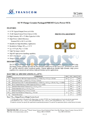 TC2491 datasheet - 0.5 W Flange Ceramic Packaged PHEMT GaAs Power FETs