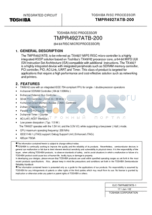 TMPR4927ATB-200 datasheet - TOSHIBA RISC PROCESSOR