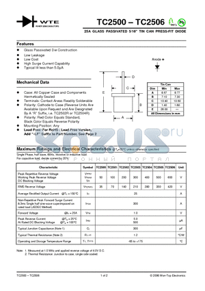 TC2501 datasheet - 25A GLASS PASSIVATED 5/16 TIN CAN PRESS-FIT DIODE