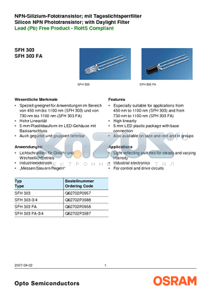 SFH303 datasheet - Silicon NPN Phototransistor; with Daylight Filter