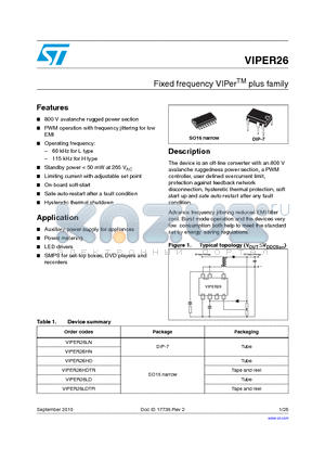 VIPER26HDTR datasheet - Fixed frequency VIPerTM plus family