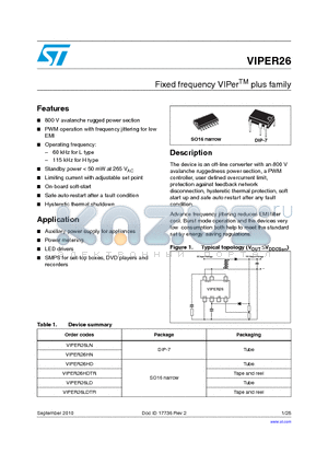 VIPER26LDTR datasheet - Fixed frequency VIPerTM plus family