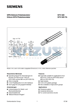 SFH303FA datasheet - NPN-Silizium-Fototransistor Silicon NPN Phototransistor