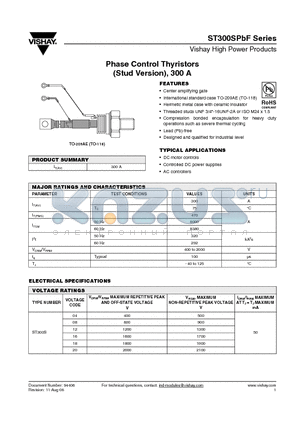 ST300SPBF datasheet - Phase Control Thyristors (Stud Version), 300 A