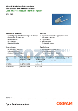 SFH305 datasheet - Mini-Silicon NPN Phototransistor