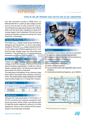 VIPER53ESP datasheet - STATE OF THE ART PRIMARY SIDE SWITCH FOR AC/DC CONVERTERS