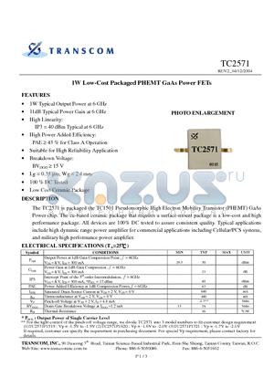TC2571 datasheet - 1W Low-Cost Packaged PHEMT GaAs Power FETs