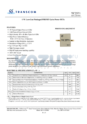TC2571 datasheet - 1 W Low-Cost Packaged PHEMT GaAs Power FETs