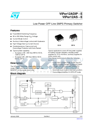 VIPERADIP-E datasheet - Low Power OFF-Line SMPS Primary Switcher