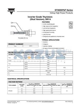 ST303S12PFK0P datasheet - Inverter Grade Thyristors (Stud Version), 300 A
