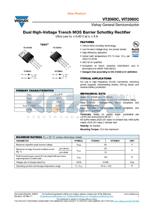 VIT2060C datasheet - Dual High-Voltage Trench MOS Barrier Schottky Rectifier